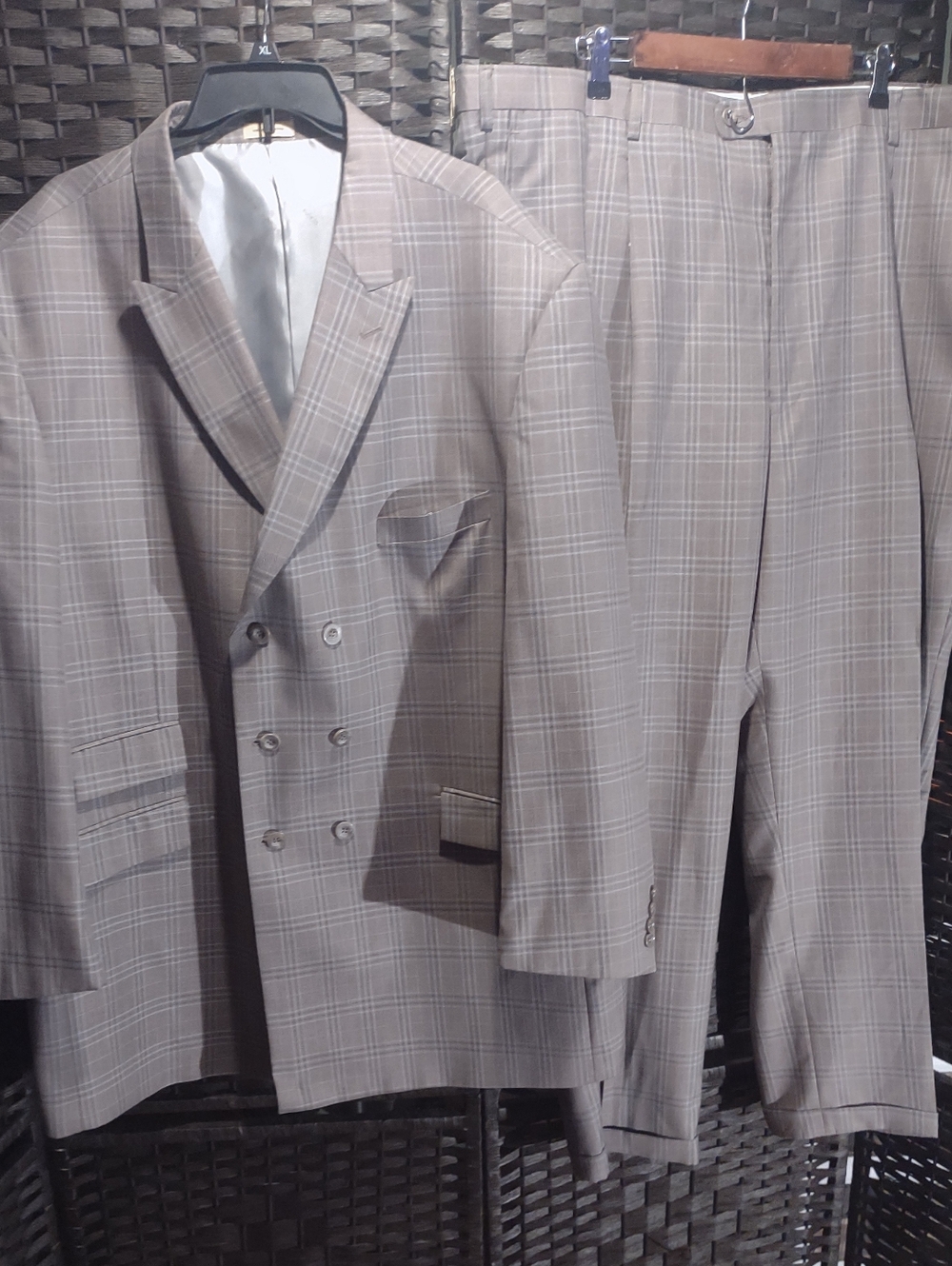 Stacey Adams Gold Brown Plaid Double Breasted Suit Men's 54L W50